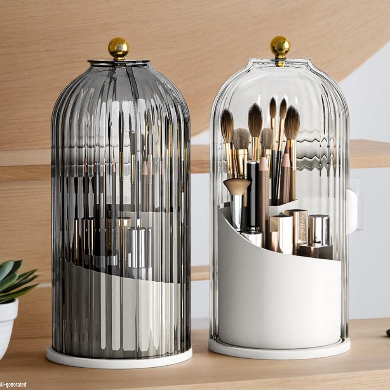 Birdcage Rotating Makeup Brush Holder with Dustproof Compartments for Desktop Cosmetics and Pen Storage