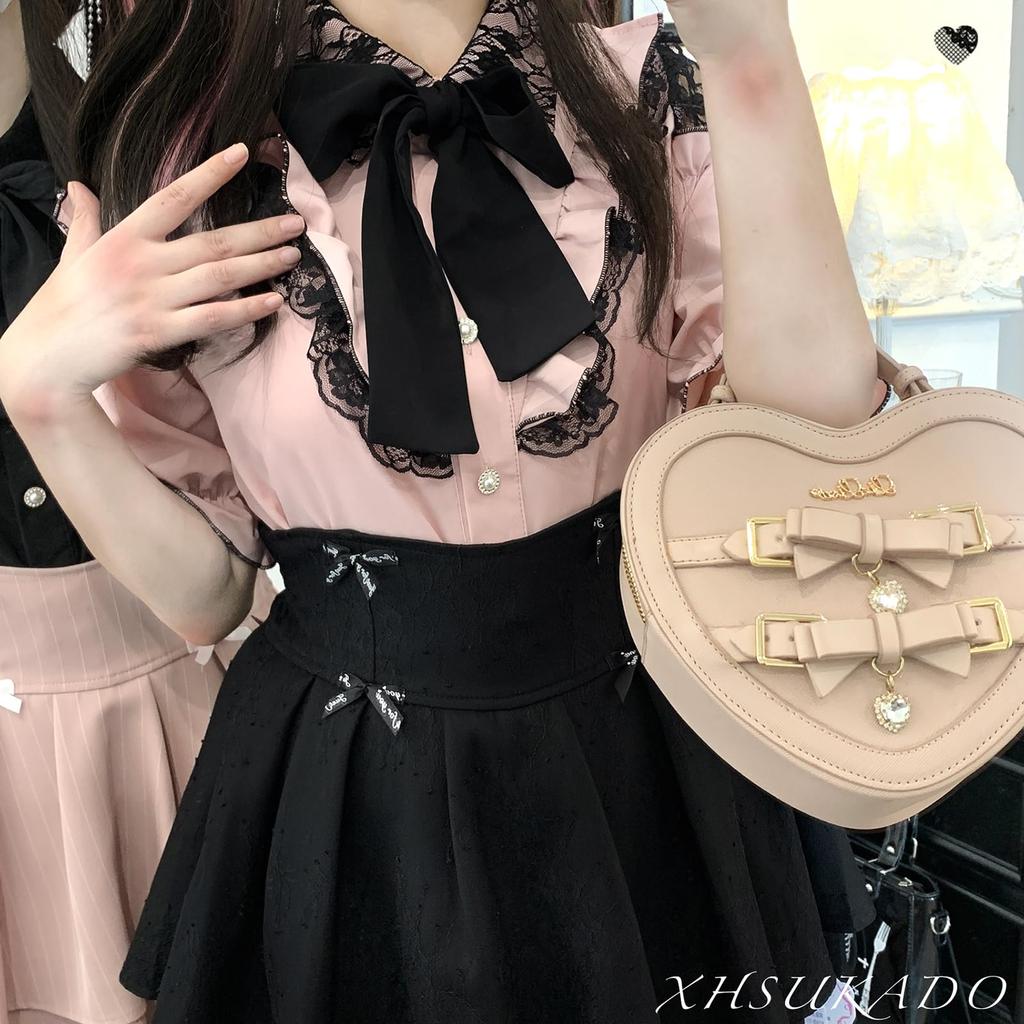 Short Detachable Flared Chiffon Pink [XHSUKADO] Women's Open-Shoulder Blouse, Cute, Sleeve, Ribbon, Ruffles, Lace, Sleeves, Fashionable, Lolita,