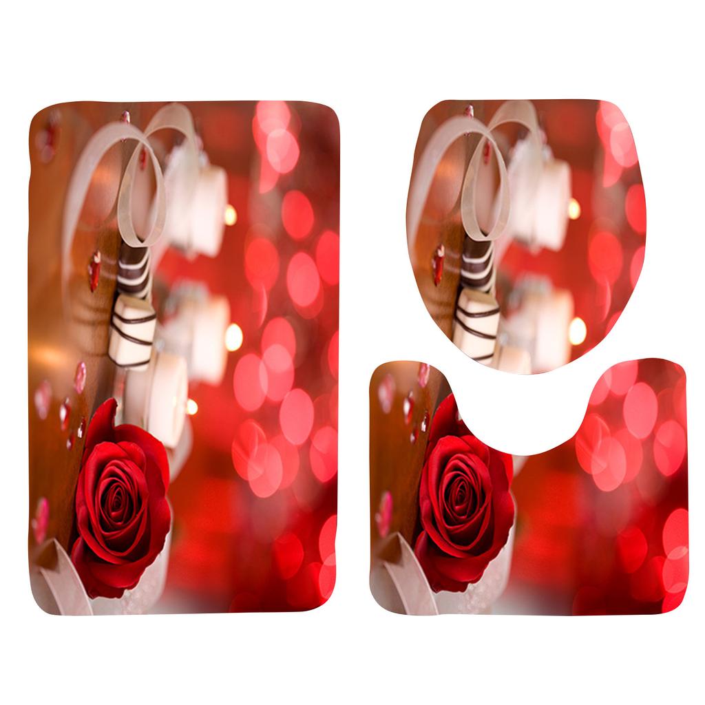 Rose Petal Series Printed Toilet Floor Mat Three-piece Bathroom Slip Carpet Set