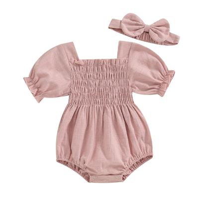 Infant Baby Girl Summer Jumpsuit Solid Color Short Sleeve Square Neck Shirred Romper with Bow Headband