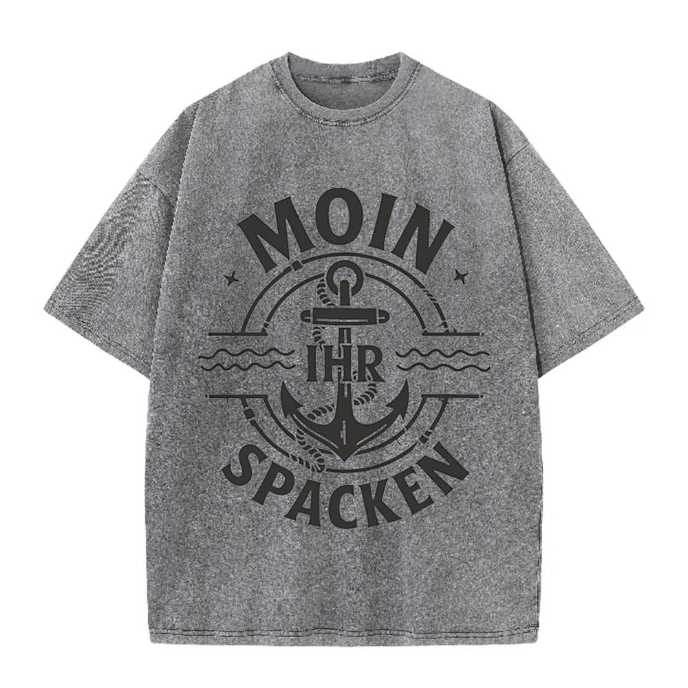 2026 Vintage Nautical Anchor Wave Badge Graphic Beige Washed T Shirt Moin Ihr Spacken German Slogan Casual Oversized Unisex Shor