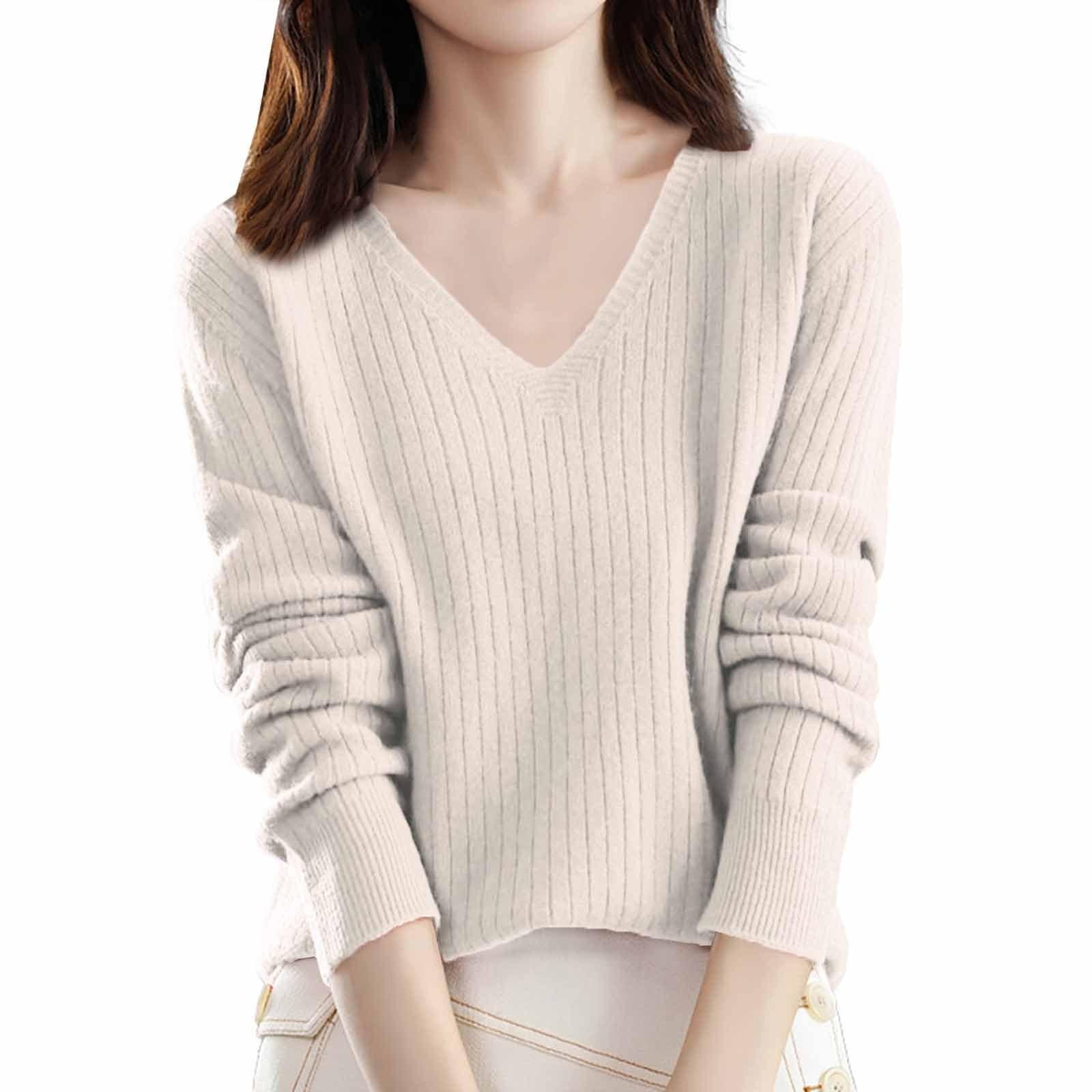 Женская мода свободный трикотажный свитер нижняя часть рубашки V-образный вырез пуловер длинный рукав однотонный топ L бежевый 1253₽