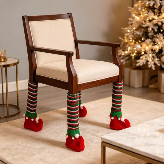 Elastic Felt Pads for Chairs 4 Pcs Christmas Table Chair Leg Covers, Striped Elf Furniture Protectors Scratch Prevention Socks, Floor