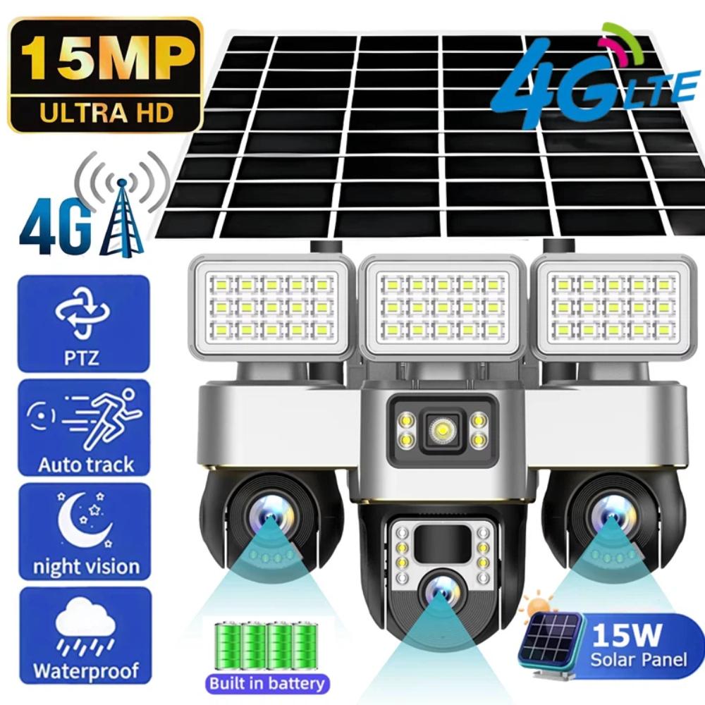 Câmera Solar 4G/WiFi, Três Lentes e Tela, Exterior, 15MP, Bateria de Baixo Consumo, Câmera IP, Detecção Humana PIR, Proteção de Segurança CCTV