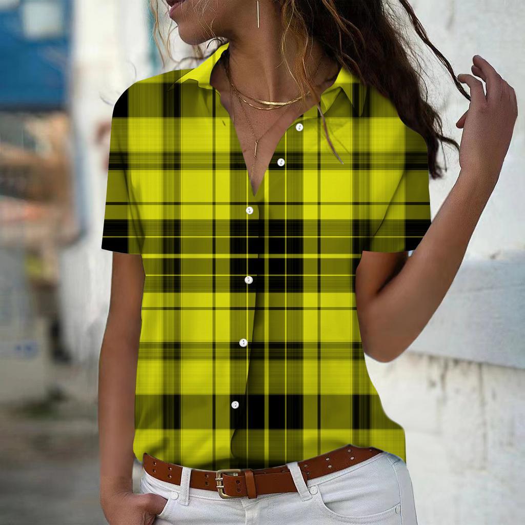 Elegant Checkered Printed Shirt Women's Short Sleeved Top Summer Casual Loose Shirt
