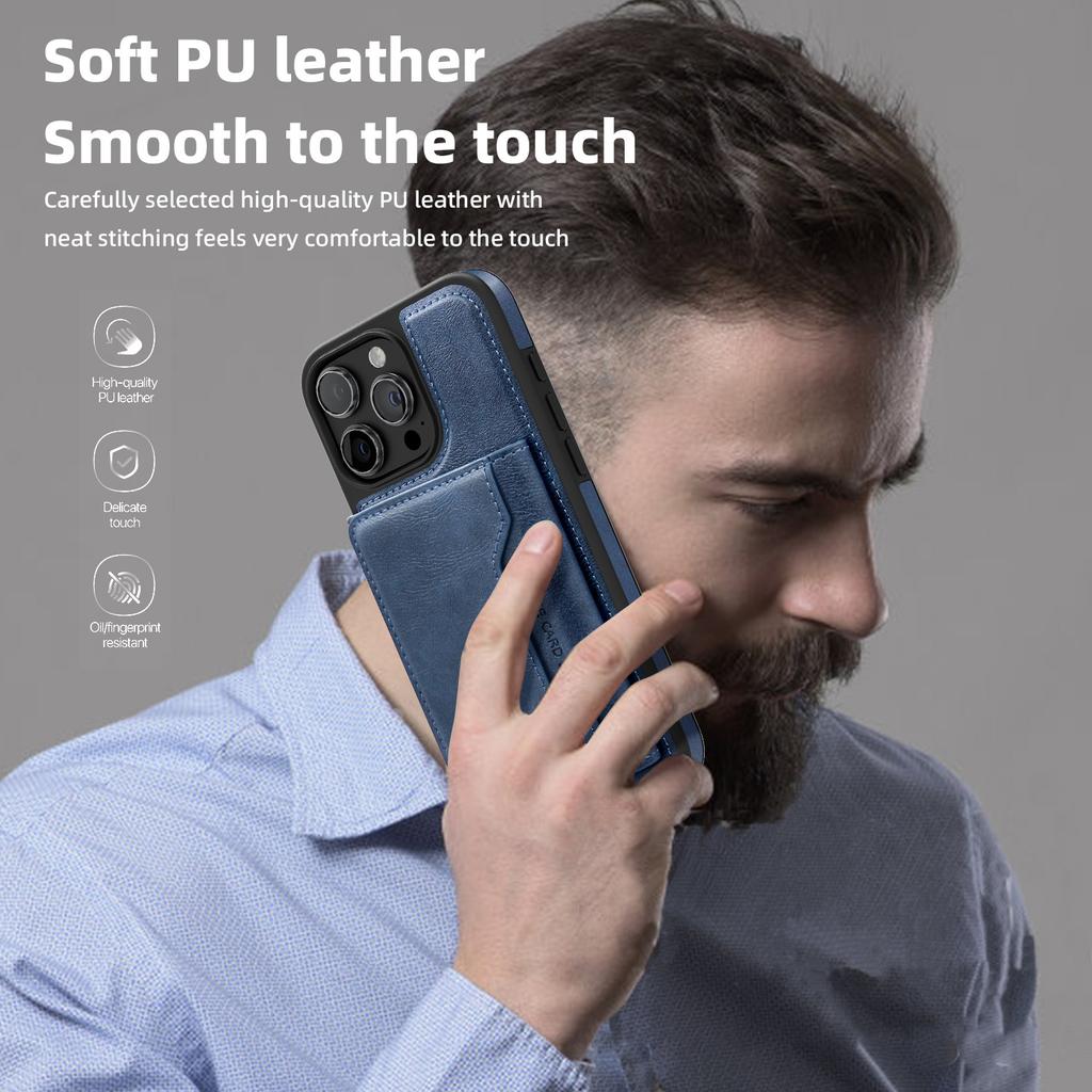For iPhone 15 Pro Max Magnetic Case Leather Back Phone Cover with Detachable Card Bag