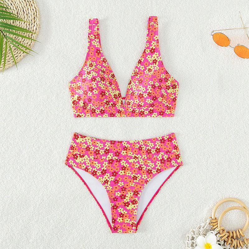 

Swimsuit Women s Printed Sexy V-neck Split High Waist Beach Bikini S розовый