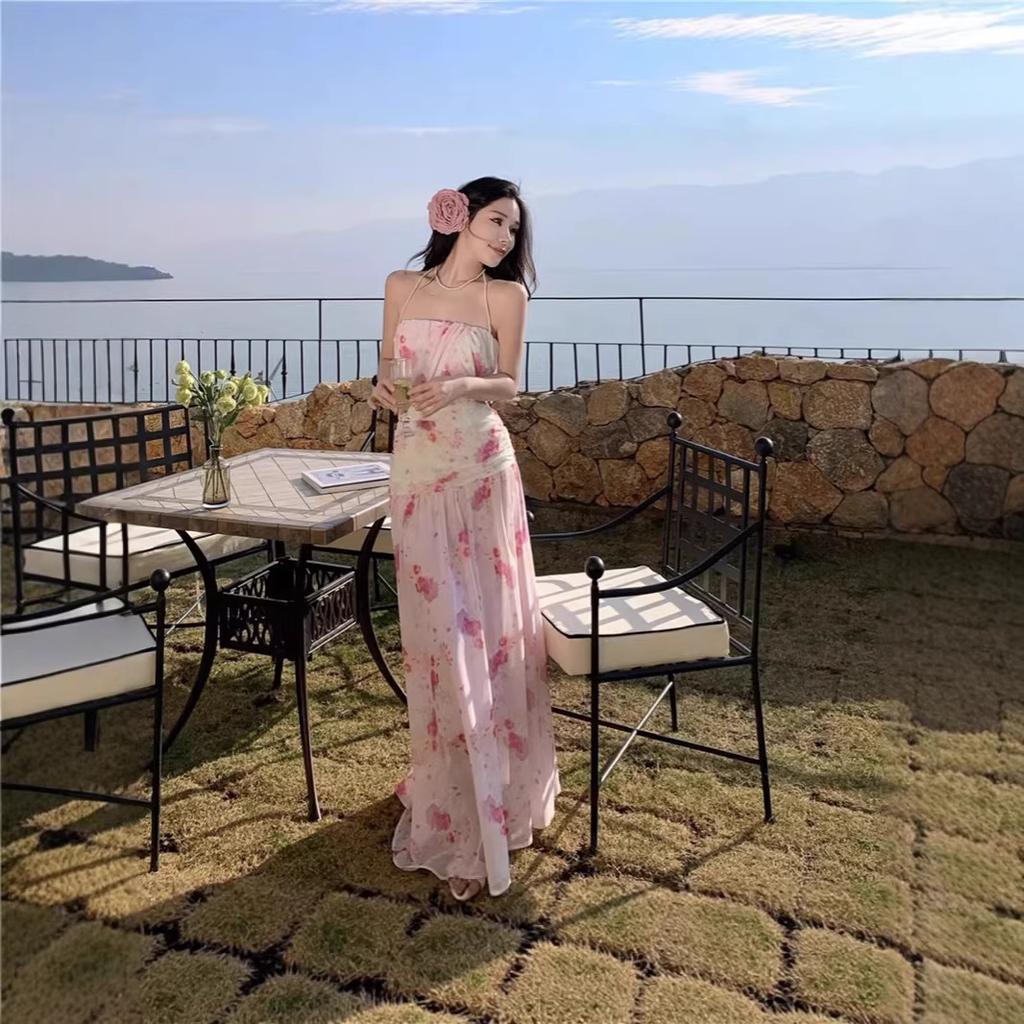 Summer new manufacturer spot holiday style sexy fairy gas chest wrap silk elegant flower dress