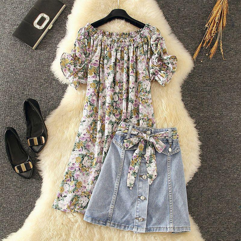 

Plus Size Floral Puff Sleeve Chiffon Blouse & Denim Midi Skirt Set for Women 4XL (160-180 jin)