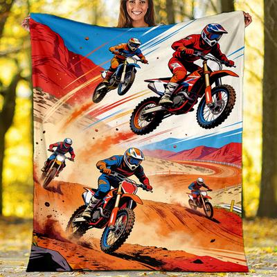 Motocross Dirt Bike Racing Graphic Fleece Printed Flannel Blanket, Warm Soft Throw Sofa Bed Blanket