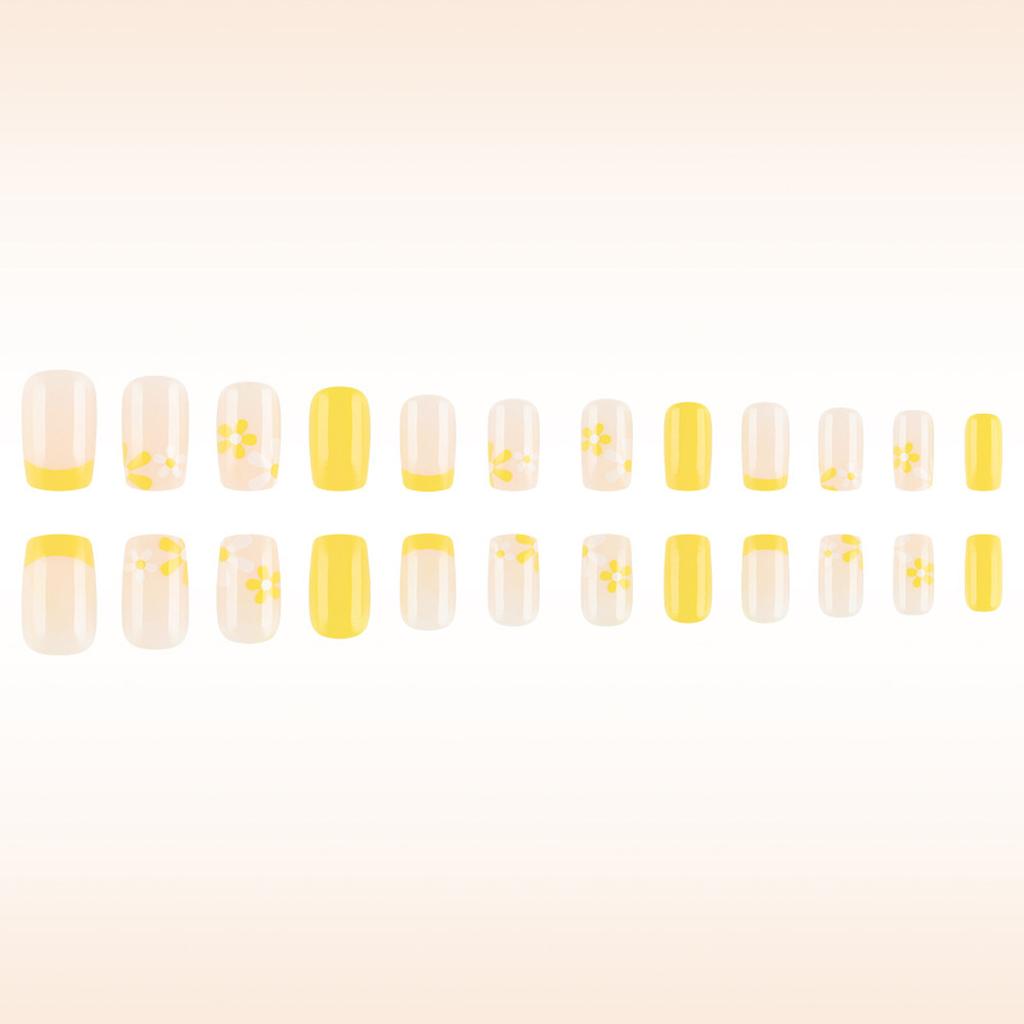 24 Pcs Short Square False Nail Flowers Artificial Nail Yellow French Tip Stick On Nail Glossy Press On Nail for Woman
