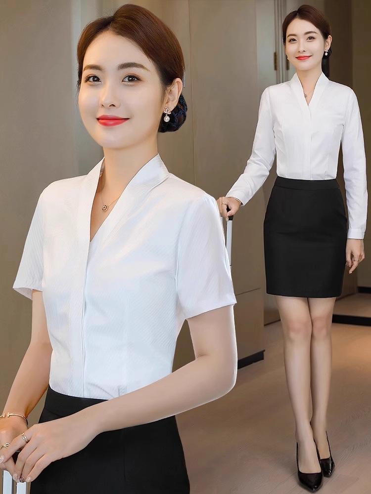 Women's White V-neck Professional Flight Attendant Shirt: Interview and Workwear Suit for Airline and Hotel Staff