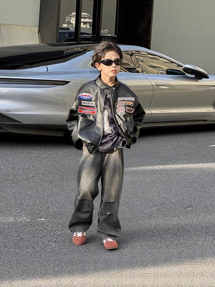 Herbst 2025 Trendige Jungen-Jacke aus besticktem PU-Leder - Retro-Stil-Unisex-Oberbekleidung