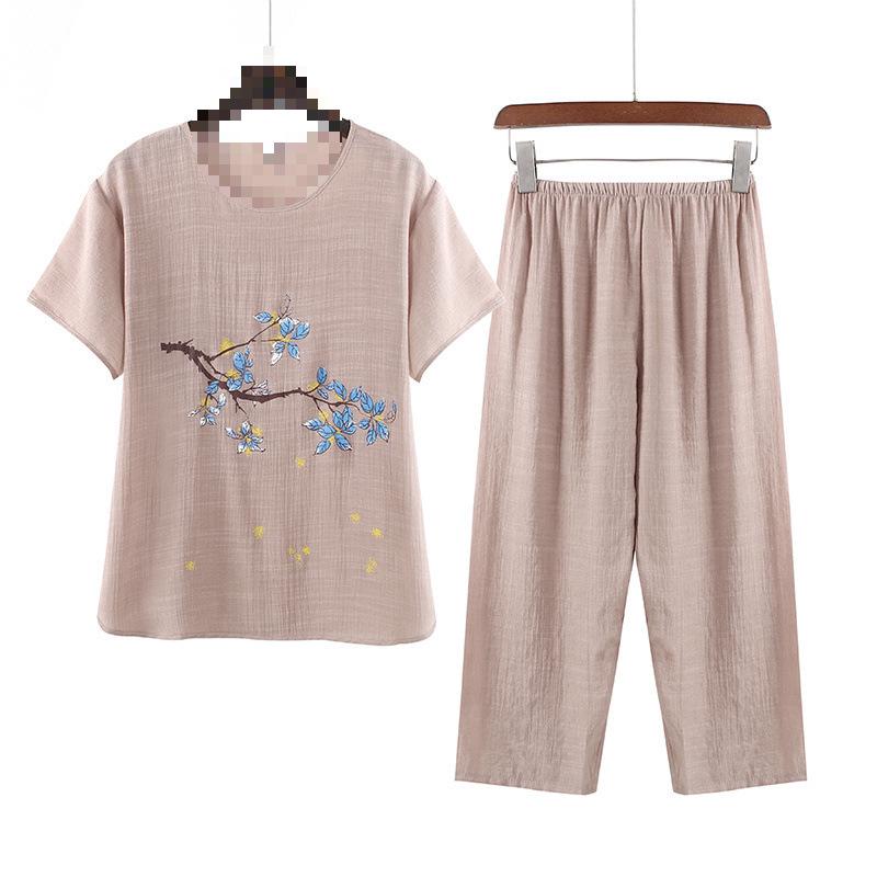 Women's Summer Cotton Linen Short-Sleeved Two-Piece Set: Grandma Mom Pajama Top and Pants.