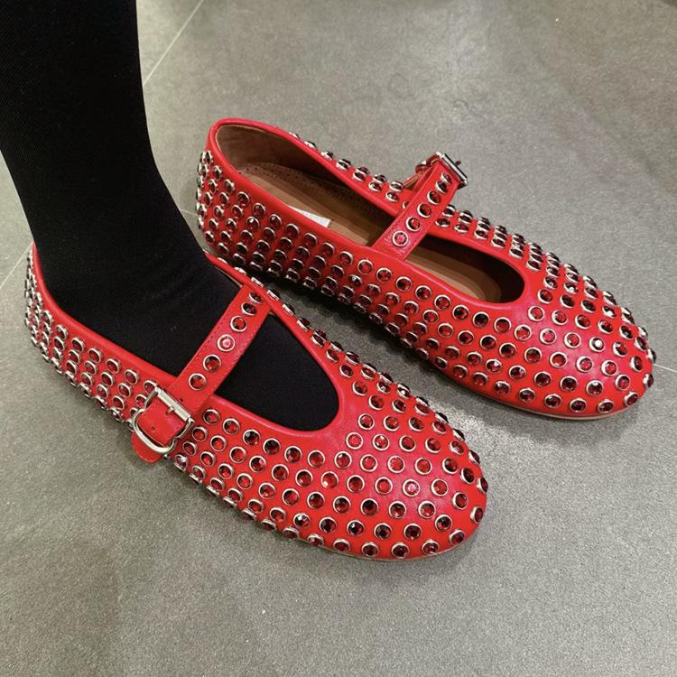 New leather round head rhinestone rivets Mary Jane single shoes women's flat comfortable ballet dancing shoes