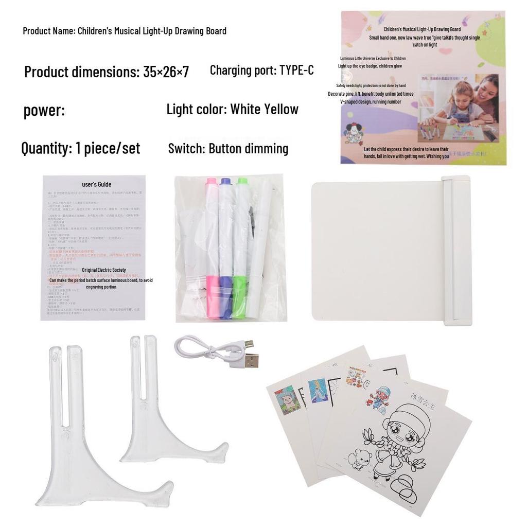 Rechargeable Light-Up DIY Acrylic Drawing Board for Kids - Erasable and Cartoon-Themed Painting Set