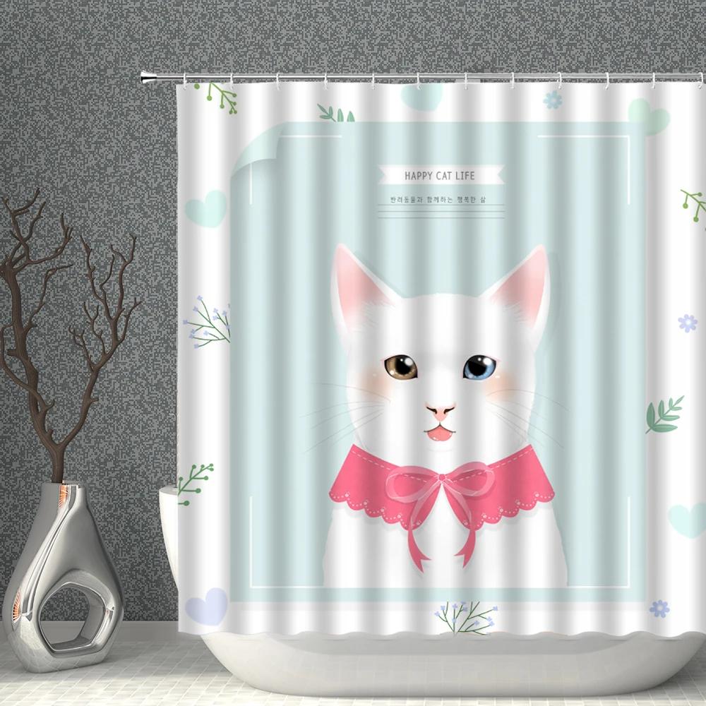 Cute Cartoon Shower Curtain Waterproof Polyester Fabric Bear Rabbit Elephant Cat Penguin Household With Hooks Bathroom Screen