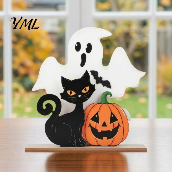Compact Festive Ornaments Halloween Table Decor, Wooden Black Cat Ghost Pumpkin Decorations Indoor Cute Burr Free Wood Crafts Gifts, Room Decor