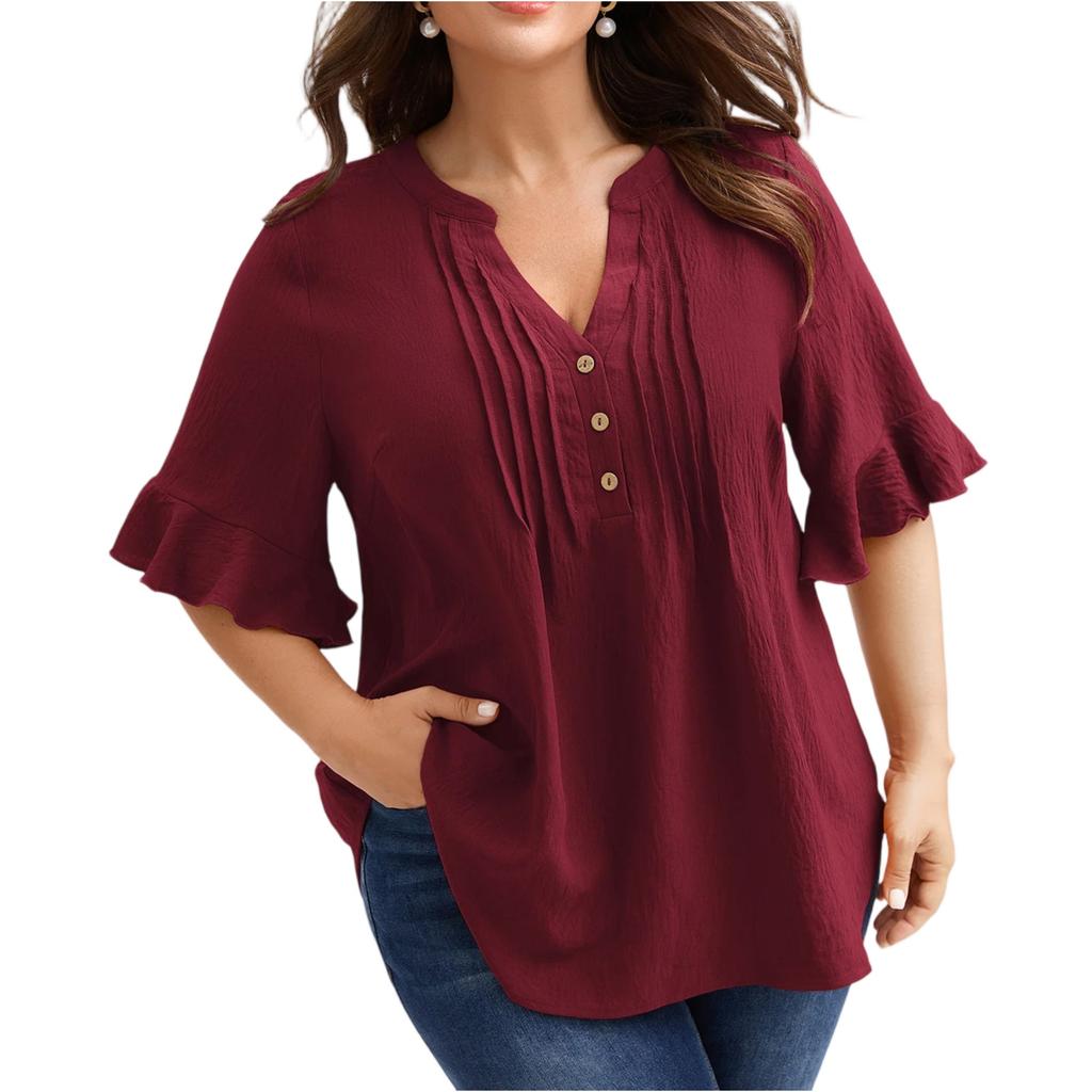Women's Plus Size V,neck Ruffle Pleated Button Loose Short Sleeve Top