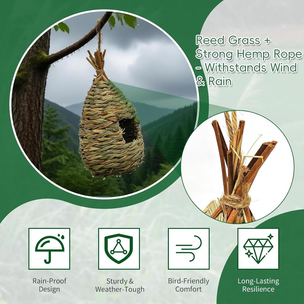 Hummingbird Houses for Outside Hanging, Natural Grass Hanging Bird Hut, Hand Woven Bird Nest, Large Wren Finch Bird House for Garden Window Outdoor
