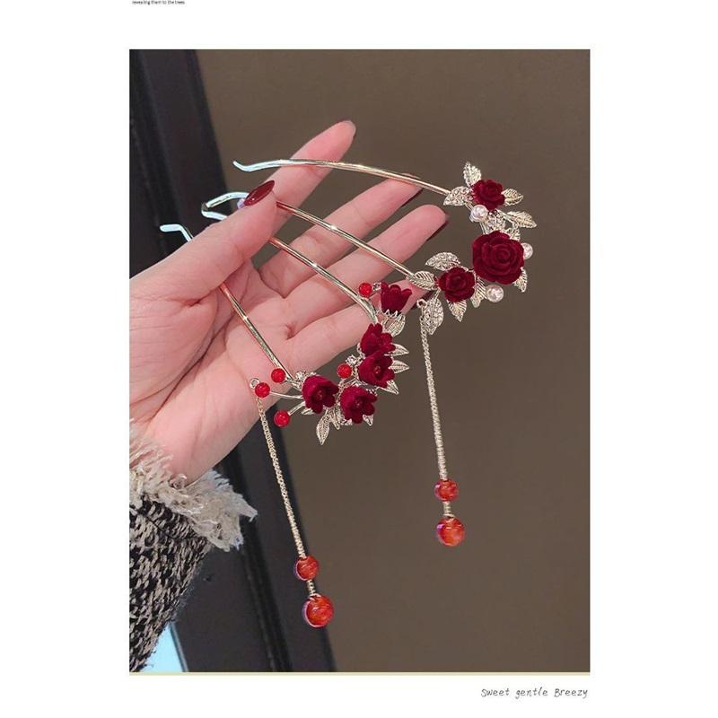 New Chinese Style Rose U Shape Hairpin Women Hanfu Cheongsam Tassel Ancient Style Hair Accessories