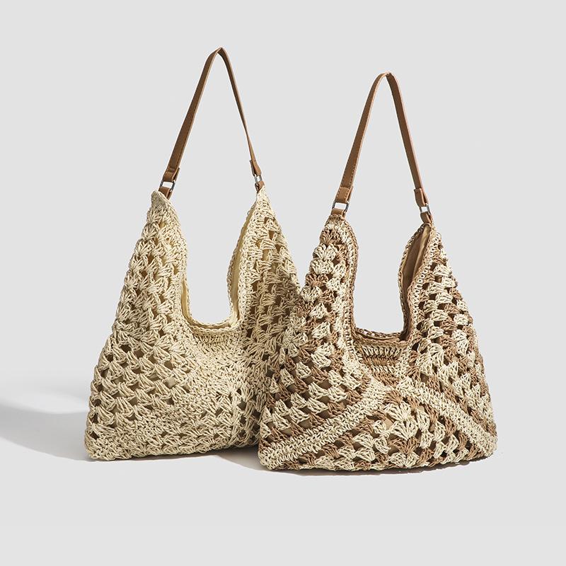 Woven Bag Seaside Hand-made Straw Hollow Bag Square Flower Triangle Color Contrast Woven Shoulder Tote Handbag