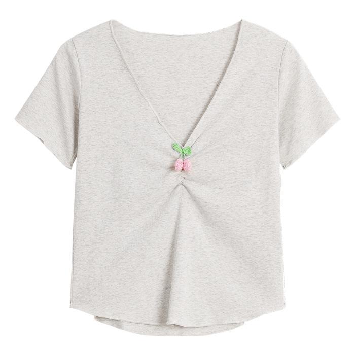Front Shoulder Pleated V-neck Short-sleeved T-shirt Women's 2026 New Summer Slim and Thin Pure Desire Design Niche Short Top
