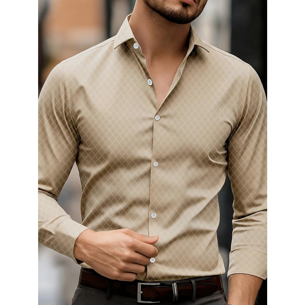 Men's Trendy Geometric 3D Line Print Long-Sleeved Shirt Men's Button up Shirt Casual Fashion Male White Shirt Lapel Shirt Tops