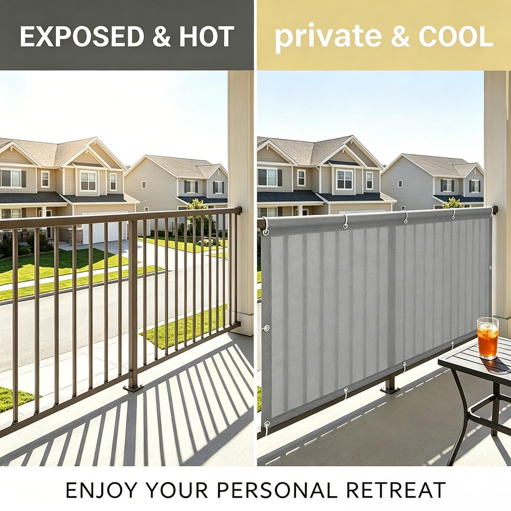 Balcony Privacy Screen, Outdoor Sunshade Fabric, Garden Fence Cover, Apartment Railing Protector with Rope Tie-Downs - Gray