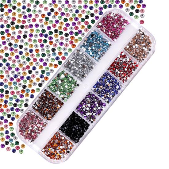 1 Set Round Nail Art Rhinestone Kit with Storage Box 12 Grids Flatback Rhinestone DIY Nail Design Crafting Decoration Fake Gems