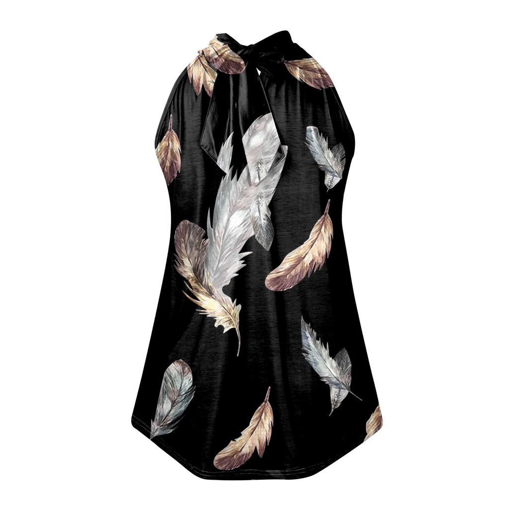 Women's Sexy Round Neck Pleated Vintage Flower Print Sleeveless Strappy Tank T-Shirt Tops