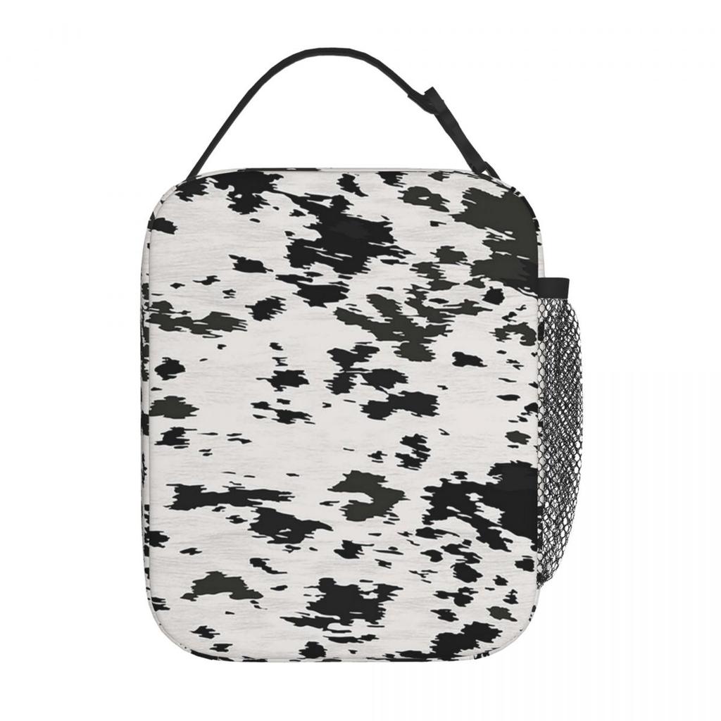 Sac à lunch isotherme en cuir de vache noir et blanc pour femmes et enfants, boîtes alimentaires portables, boîte à lunch thermique, sac fourre-tout