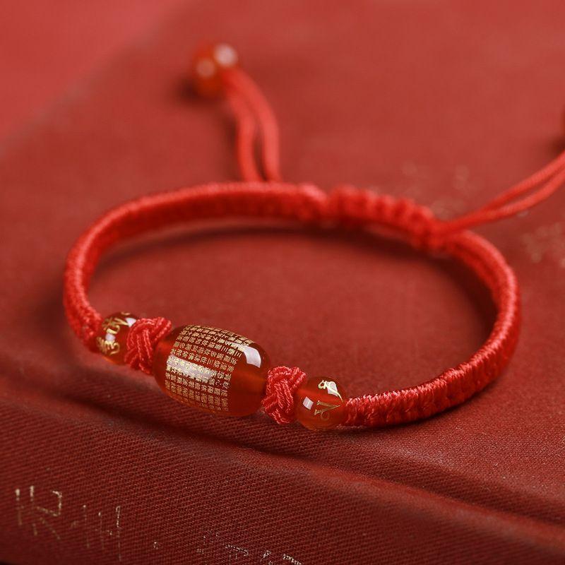 

2025 год рождения Женский браслет из красной веревки с бусинами удачи, год Змеи, красный агат, красная ручная нить, парный зодиакальный браслет Agate Heart Sutra