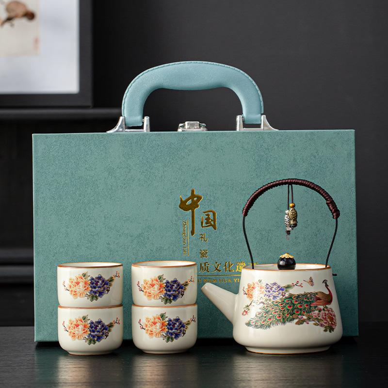 Ru Kiln Celadon Loop Handle Teapot Set Gongfu Tea Ceremony Chinese Style Corporate Business Gift Boxed Souvenir