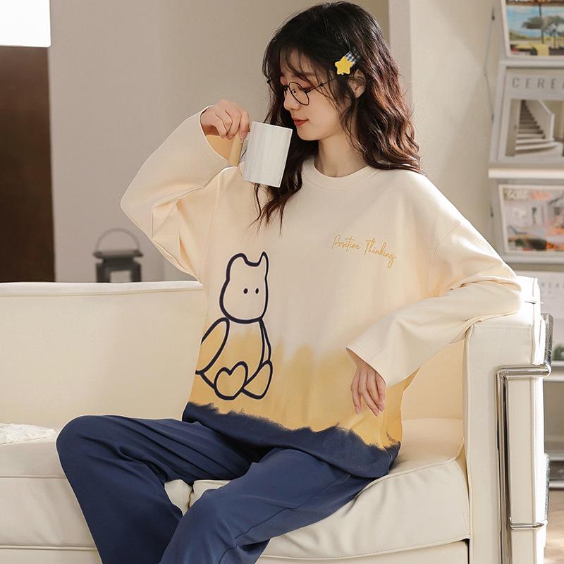 Cute Cartoon Cotton Pajama Set for Women - Loose Fit, Long Sleeve, Suitable for Spring and Autumn