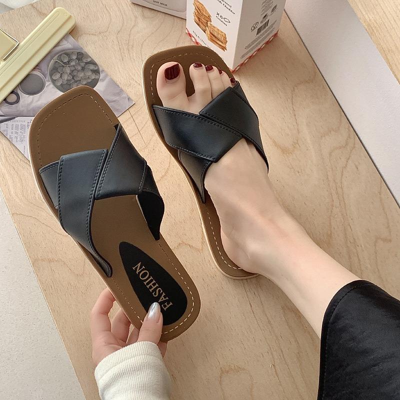 

Women s Crisscross Strap Flat Slide Sandals Square Open Toe Casual Slippers for Daily Beach Wear 36 чёрный
