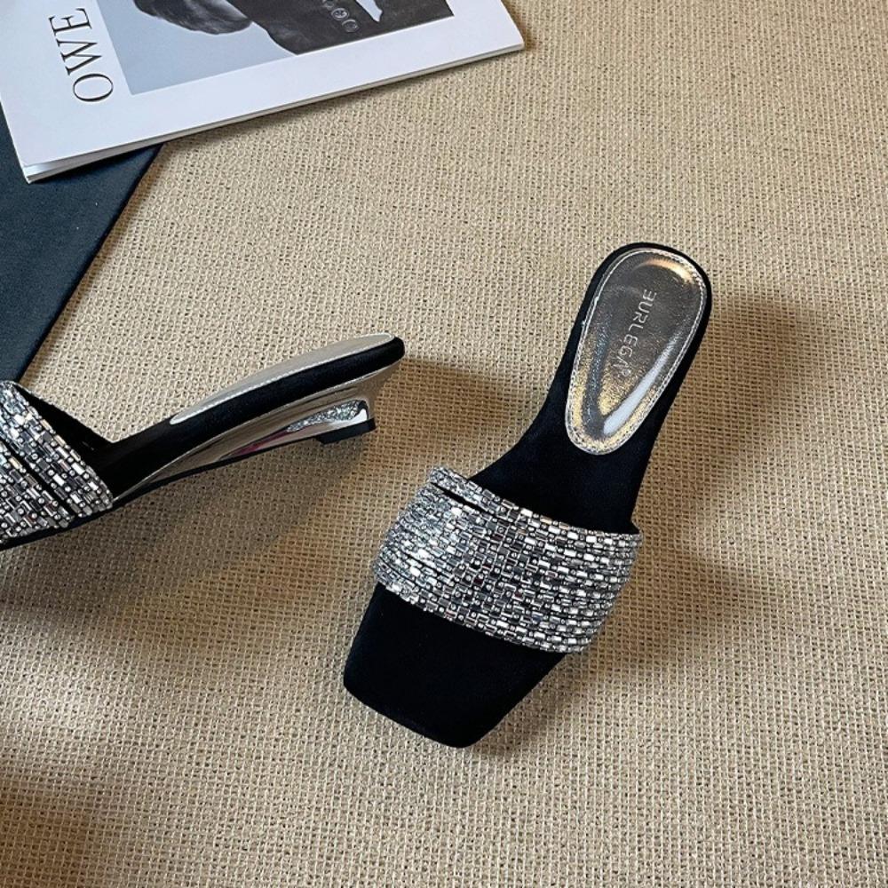 Fashion Slippers Woman Sandals French Temperament Exquisite Rhinestone Slippers Summer Wear Low Heel Slope Square Head Cool Slippers