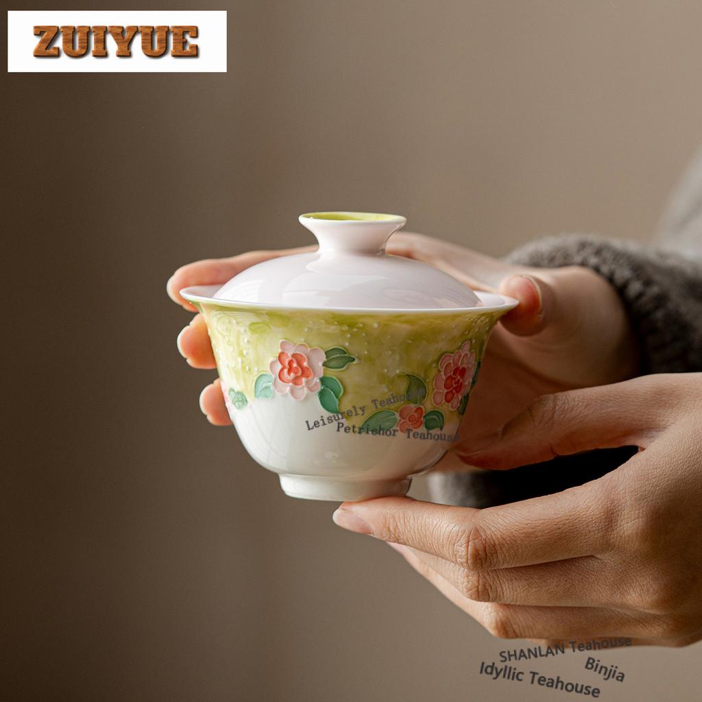 130ml Hand-painted Camellia Gaiwan Creative Tea Tureen Tea Bowl With Lid Kit Tea Brewing Cover Bowl Chinese Tea Set Decoration