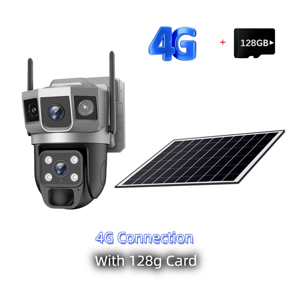 Solar-powered Surveillance Camera, HD 2-lens 3-screen Display, 10x Zoom, Automatic Human Detection Tracking, 4G/WIFI CCTV Recorder
