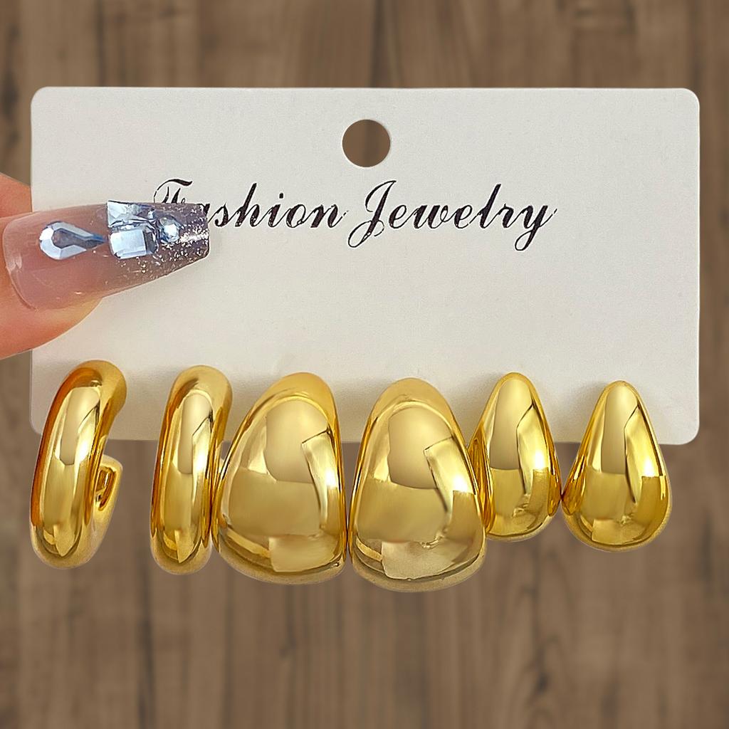 6Pcs Vintage Smooth Water Drop C-Earrings Set for Women Geometric Gold Color Circle Hoop Earring Zircon Ear Studs Jewelry Gifts