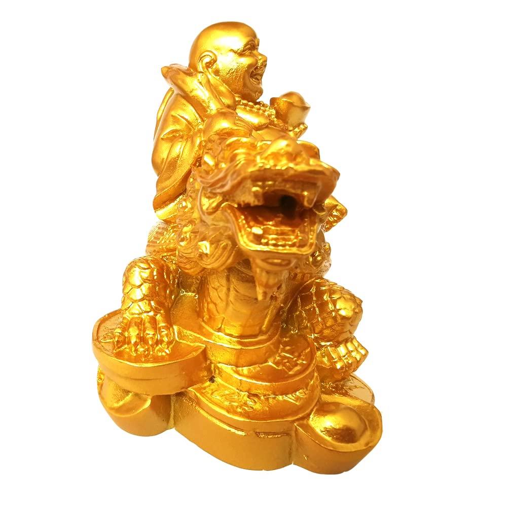 Hotei Buddha Seven Lucky Decorative Hotei Sitting On a Dragon Maitreya Auspicious Good Increases Feng Shui Item Statue, Figurine, Gods, Object,
