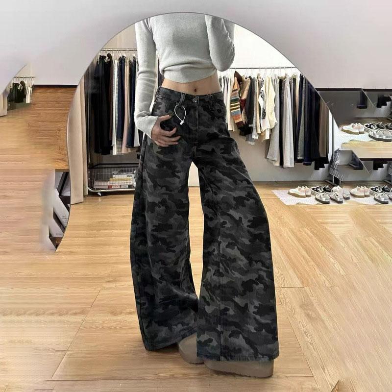 Women's Spring Vintage High-Waisted Loose Slimming Floor-Length Pants American High-Street Cargo Wide-Leg Camouflage Jeans