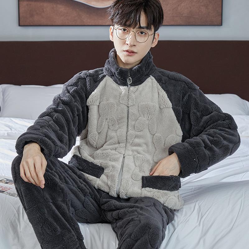 Men's Thick Coral Fleece Stand-Up Collar Zipper Pajamas - Warm Long Sleeve Homewear for Autumn & Winter
