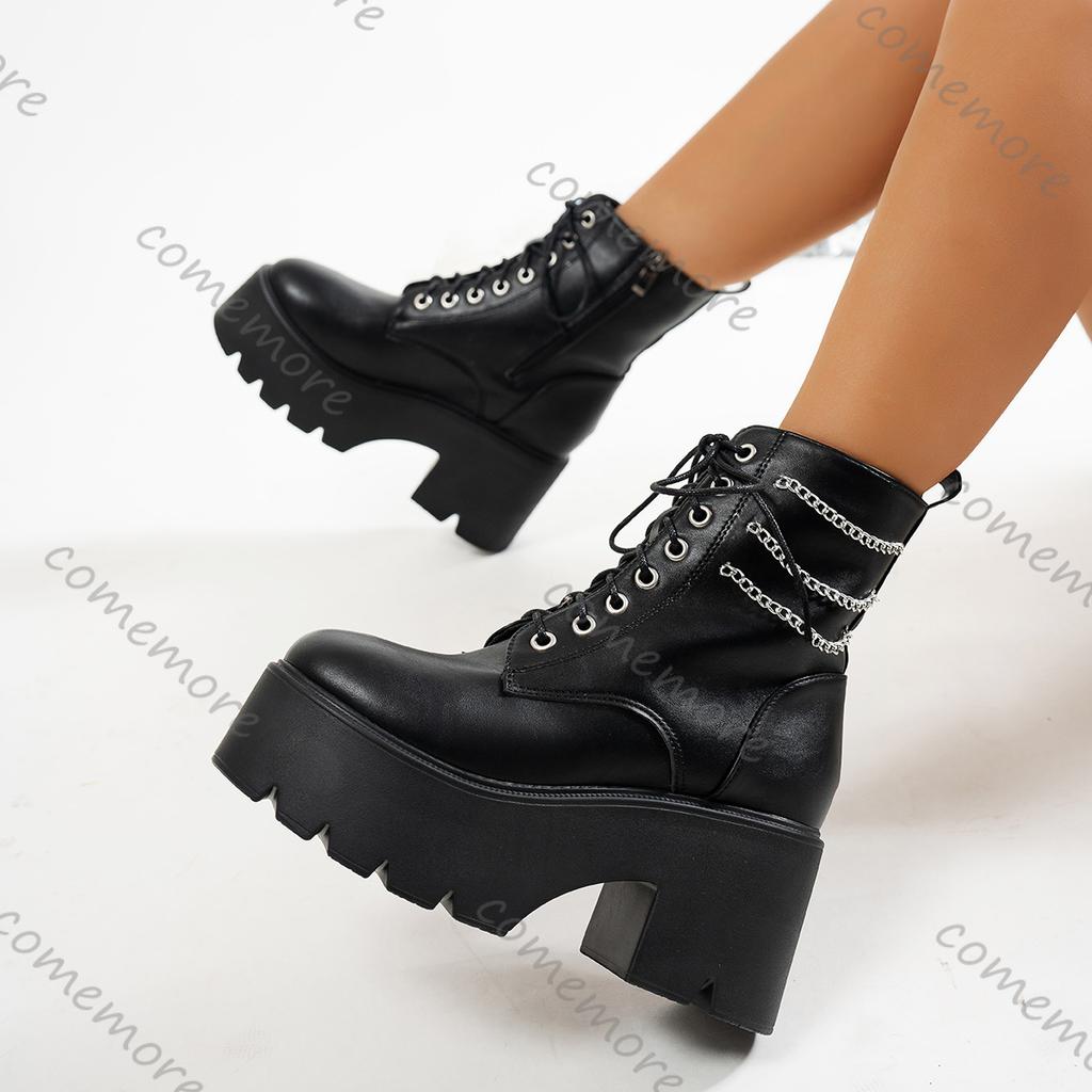 Comemore Punk Goth Women Motorcycle Short Boots Platform High Heels Shoes Woman 2025 New Black Leather Botas Feminina
