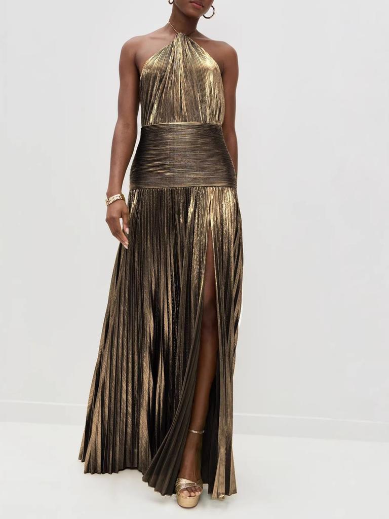 Metalic Sheen Elegant Sleeveless Backless Dress With Slit For Party And Evening Wear