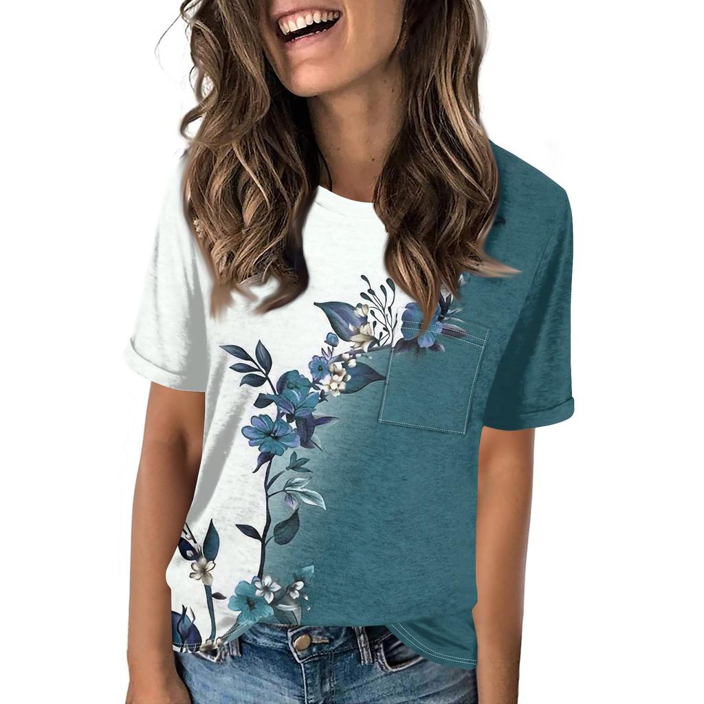Women's Pocket Floral Print Summer Short Sleeved Round Neck Casual Loose T-shirt Top