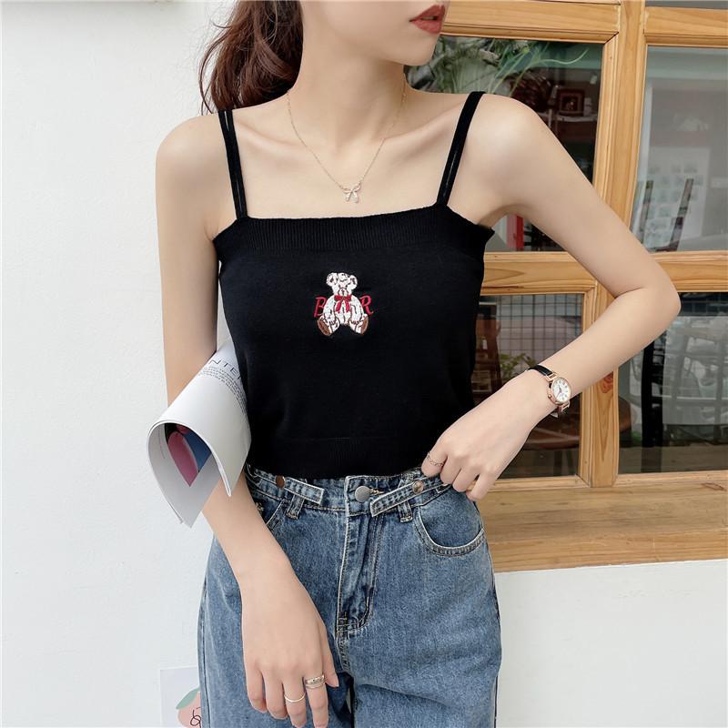 Summer New Women's Wear Korean Style Embroidery Bear All Knitted Waistcoat with A Small Waistcoat with A Bottom