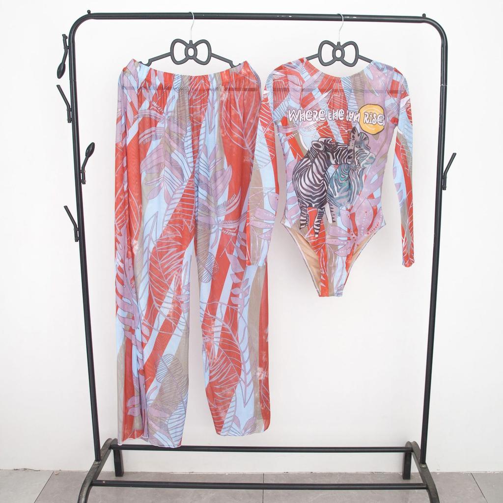 Women’s Fashion Printed Swimwear One-Piece Bikini Swimsuit Set with Long Pants