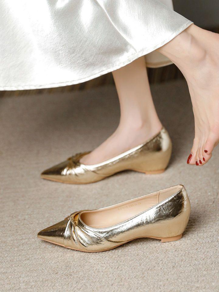 Gold heightening pointed flat-bottomed high-heeled single shoes, women's shallow mouth is versatile, and the foreign style is versatile. The skirt