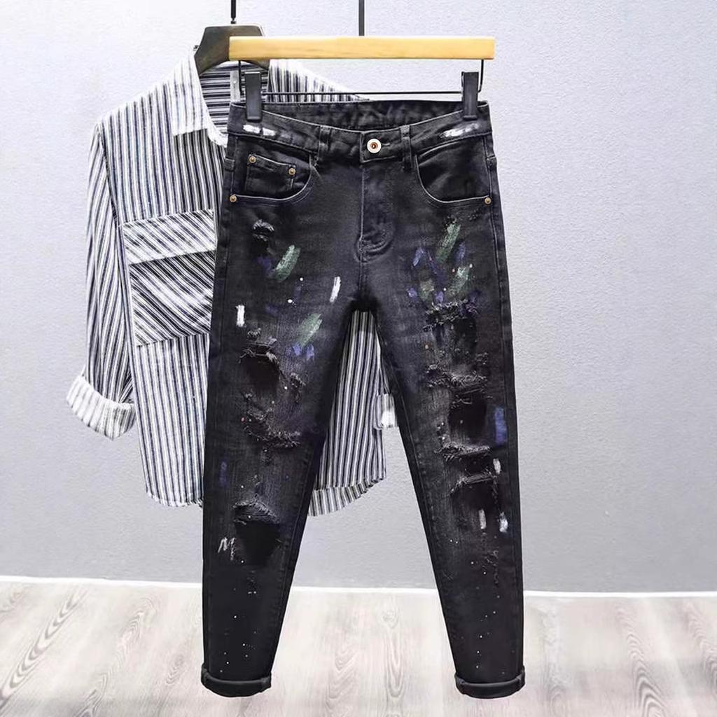European and American trendy brand ripped jeans men, splashing ink paint point elastic slim-fitting small-footed denim trousers